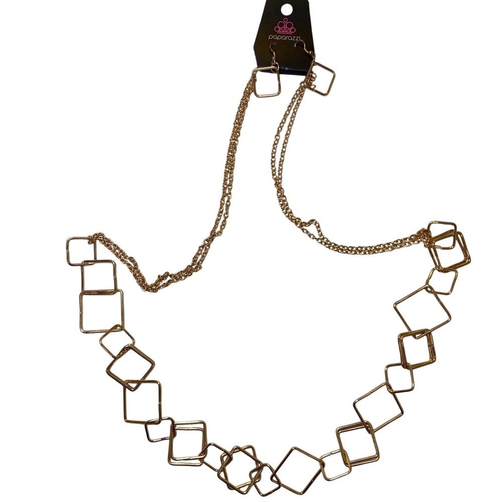 Paparazzi Backed Into A Corner Gold Geometric Necklace Earrings‎ Set NWT